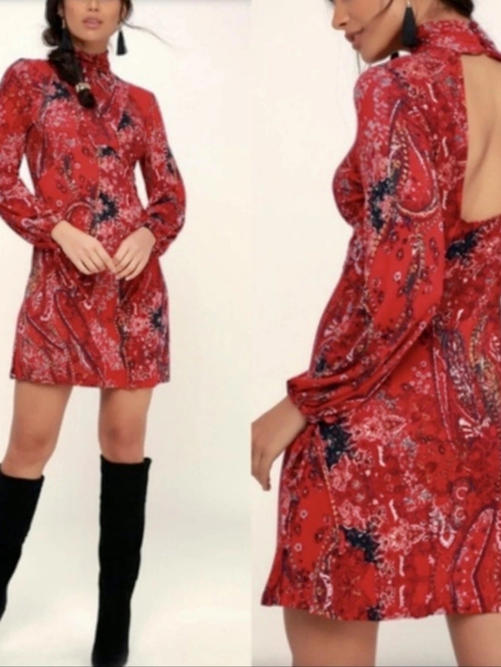 Free People All Dolled Up Red Paisley Turtle Neck Midi Dress Size Large